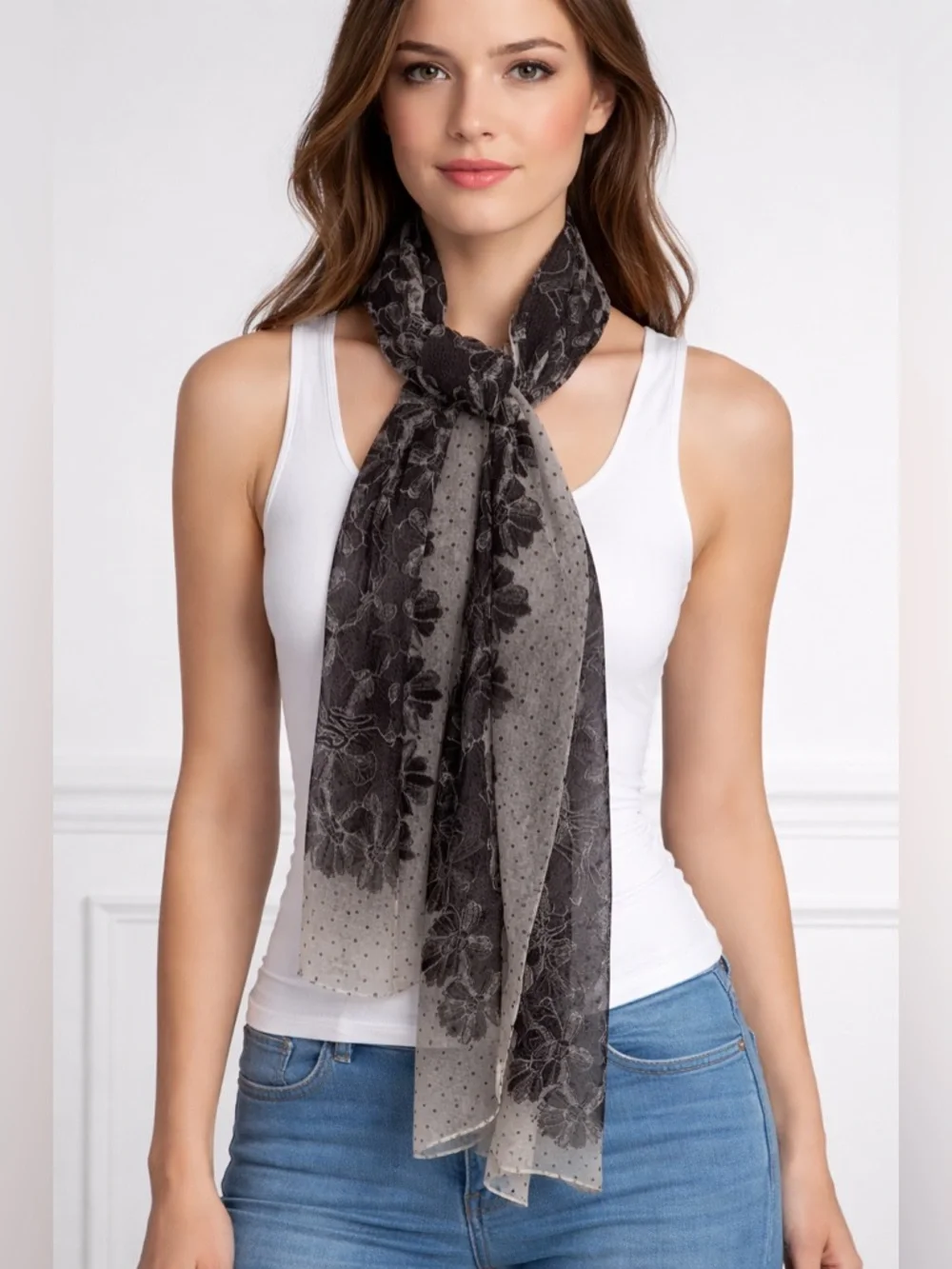 Karl Lagerfeld Black & Cream Floral and‎ Eiffel Tower Scarf
